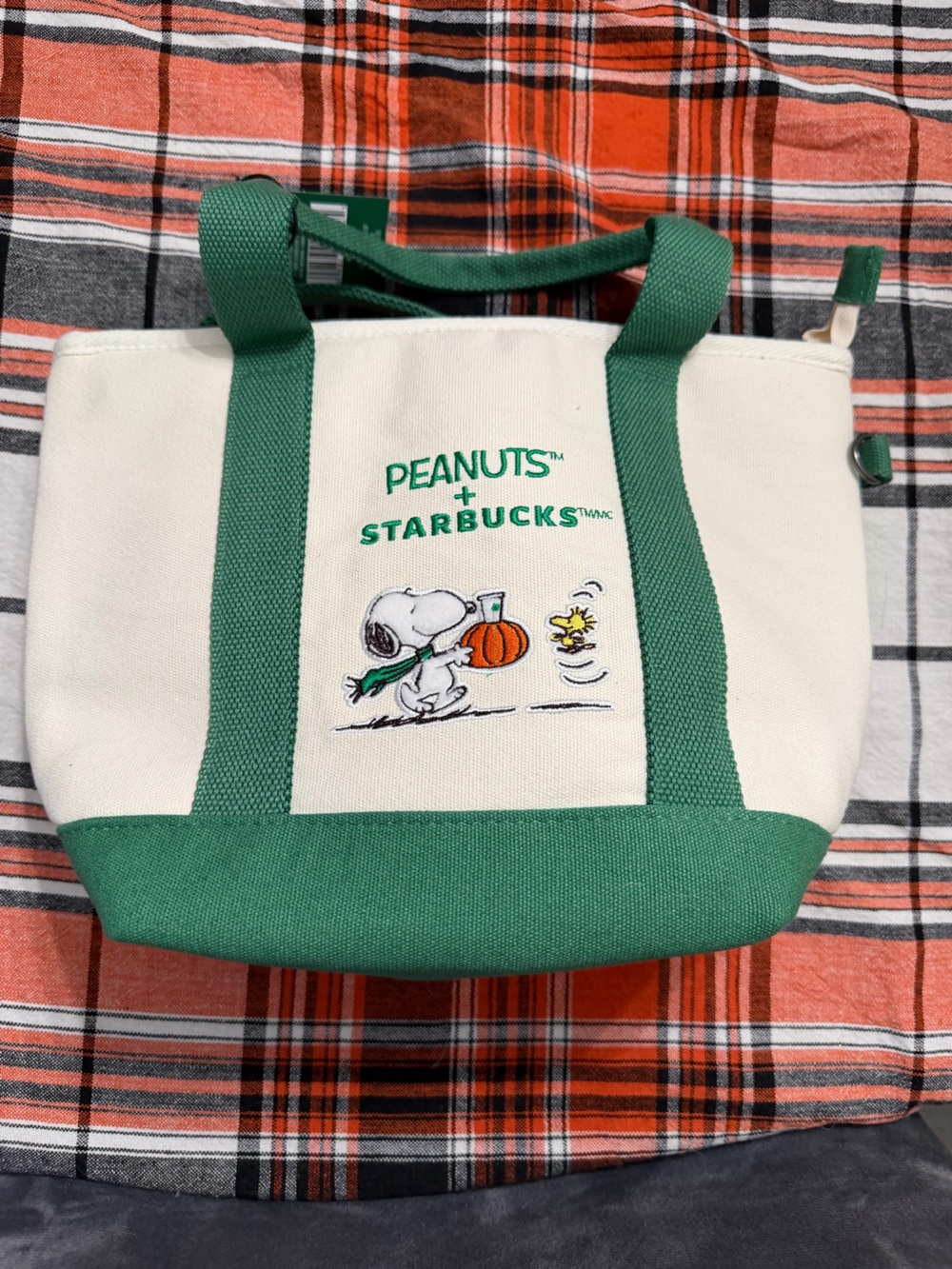 Starbucks x Peanuts Green & Cream Canvas Tote with Snoopy Embroidery